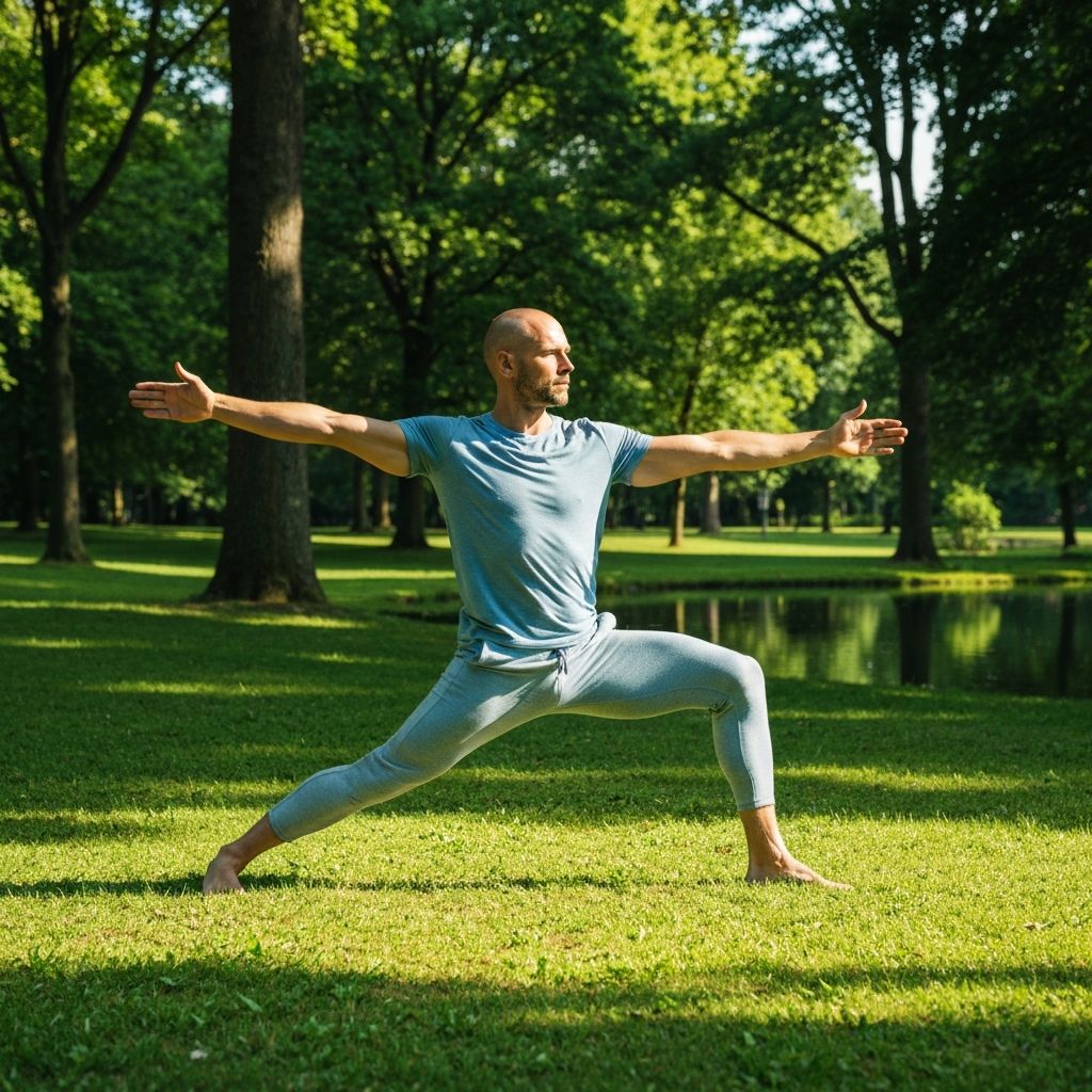 Healthy man doing yoga in nature